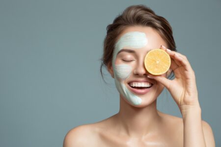 Lachende Frau mit Maske und Zitrone | Is clinical